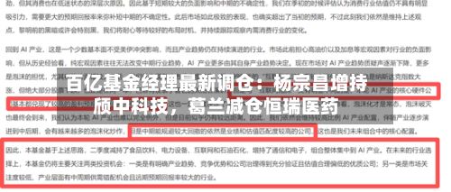 百亿基金经理最新调仓：杨宗昌增持颀中科技，葛兰减仓恒瑞医药